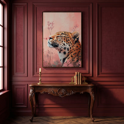 Leopard in Pink Field Canvas Print in dark walnut floating frame