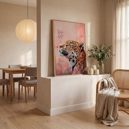 Leopard in Pink Field Canvas Print in white oak floating frame