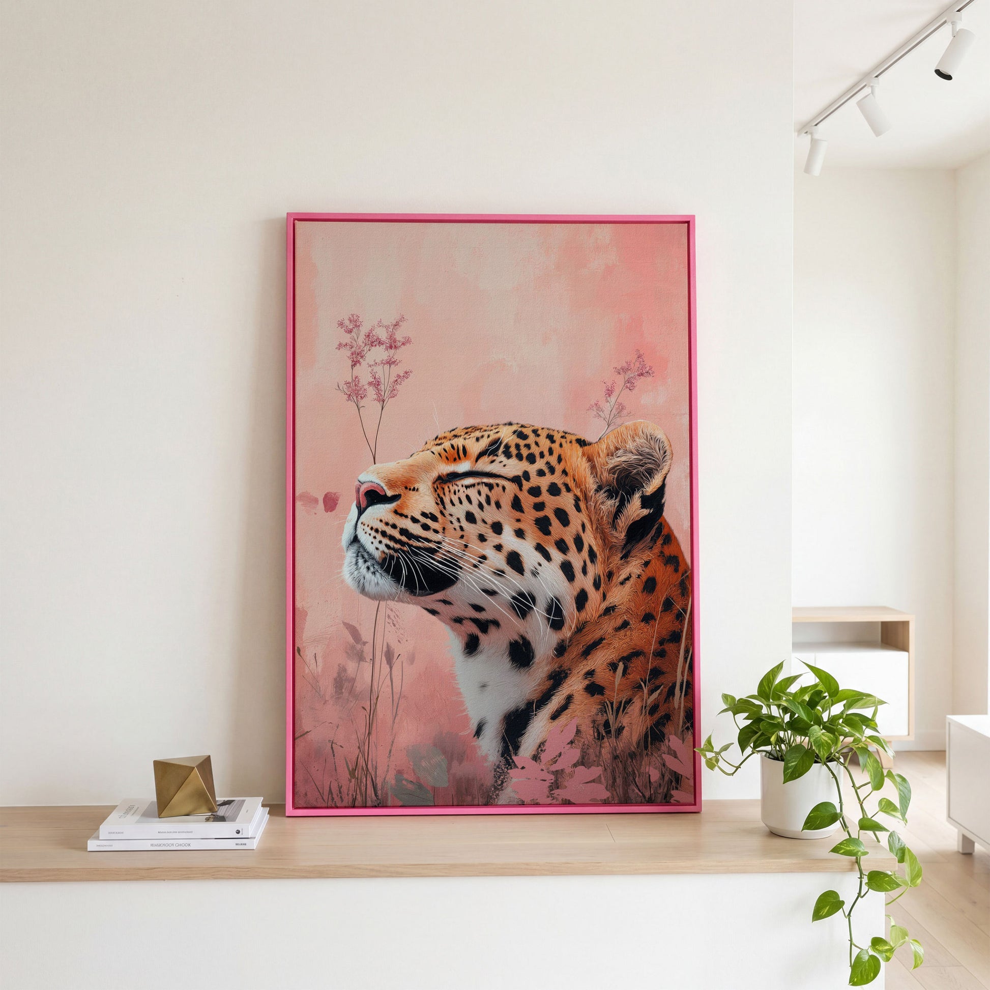 Leopard in Pink Field Canvas Print in pink floating frame