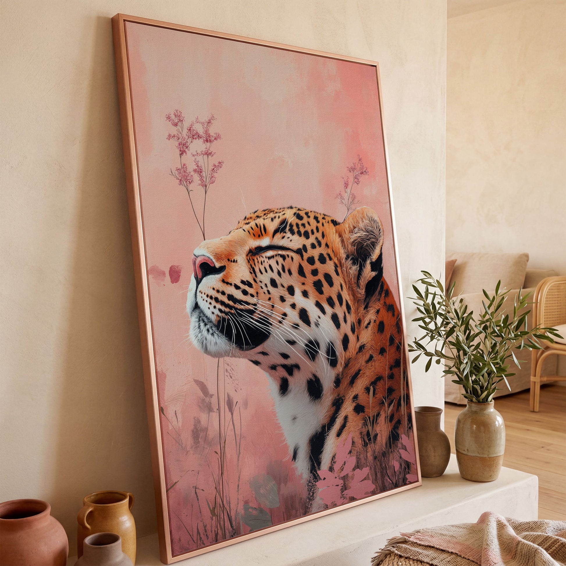 Leopard in Pink Field Canvas Print in rose gold floating frame
