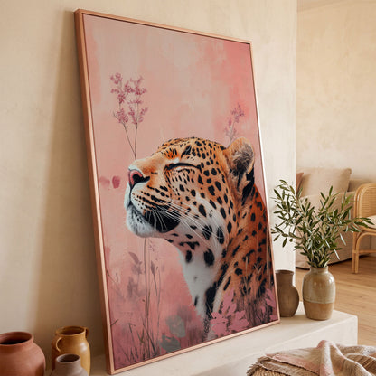 Leopard in Pink Field Canvas Print in rose gold floating frame