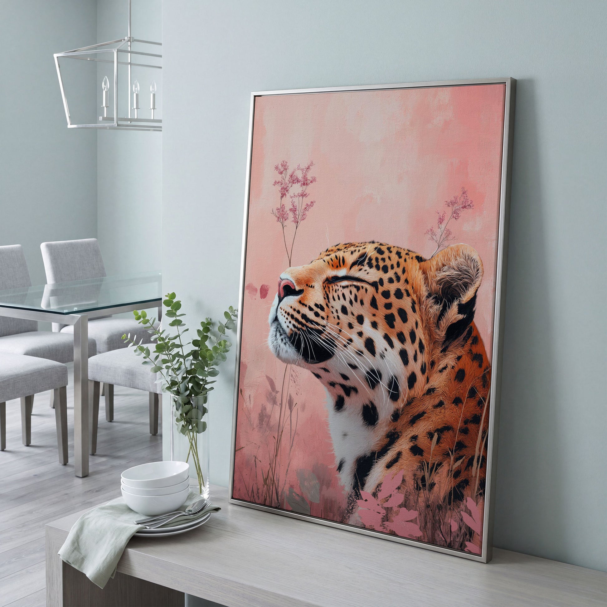 Leopard in Pink Field Canvas Print in silver floating frame
