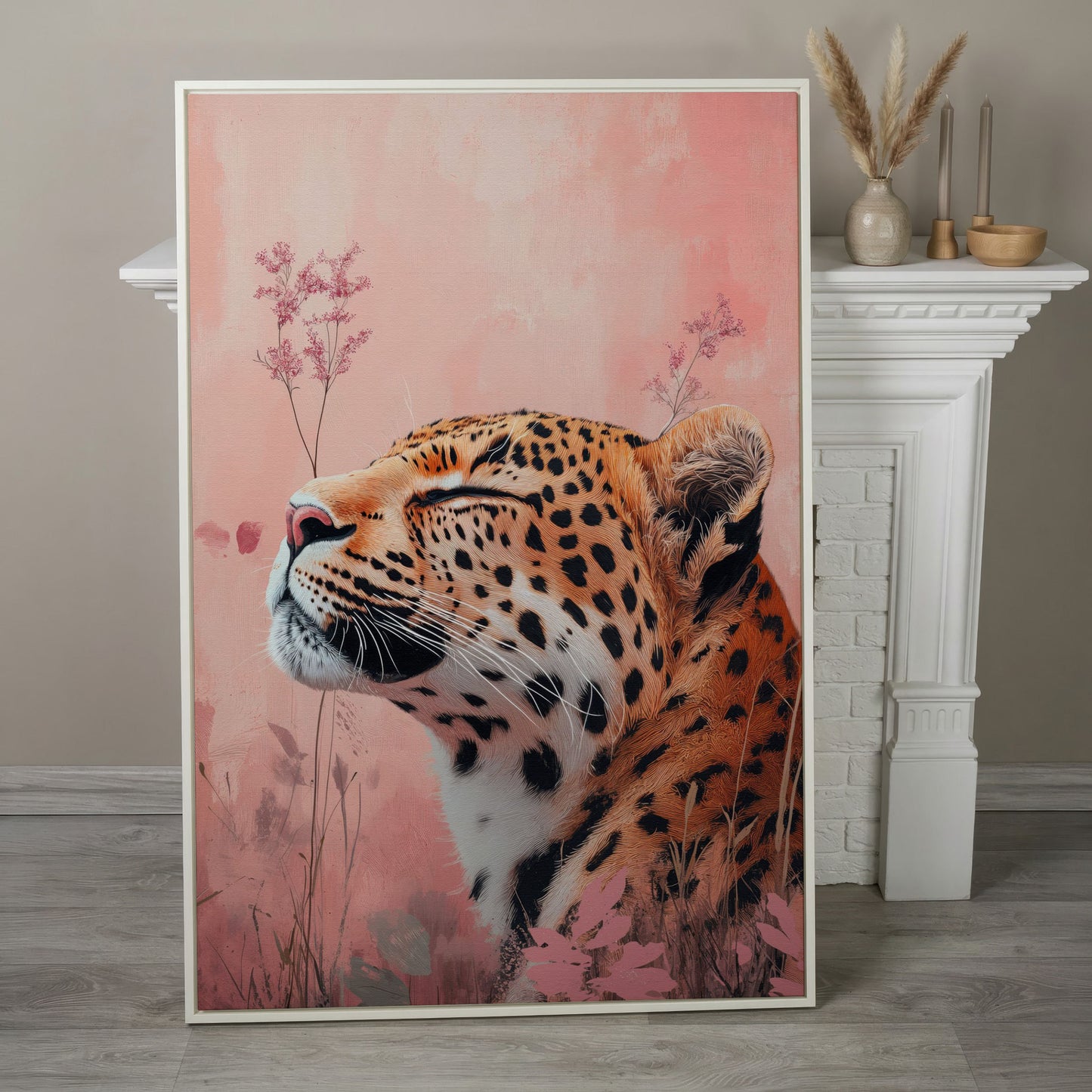 Leopard in Pink Field Canvas Print in white floating frame