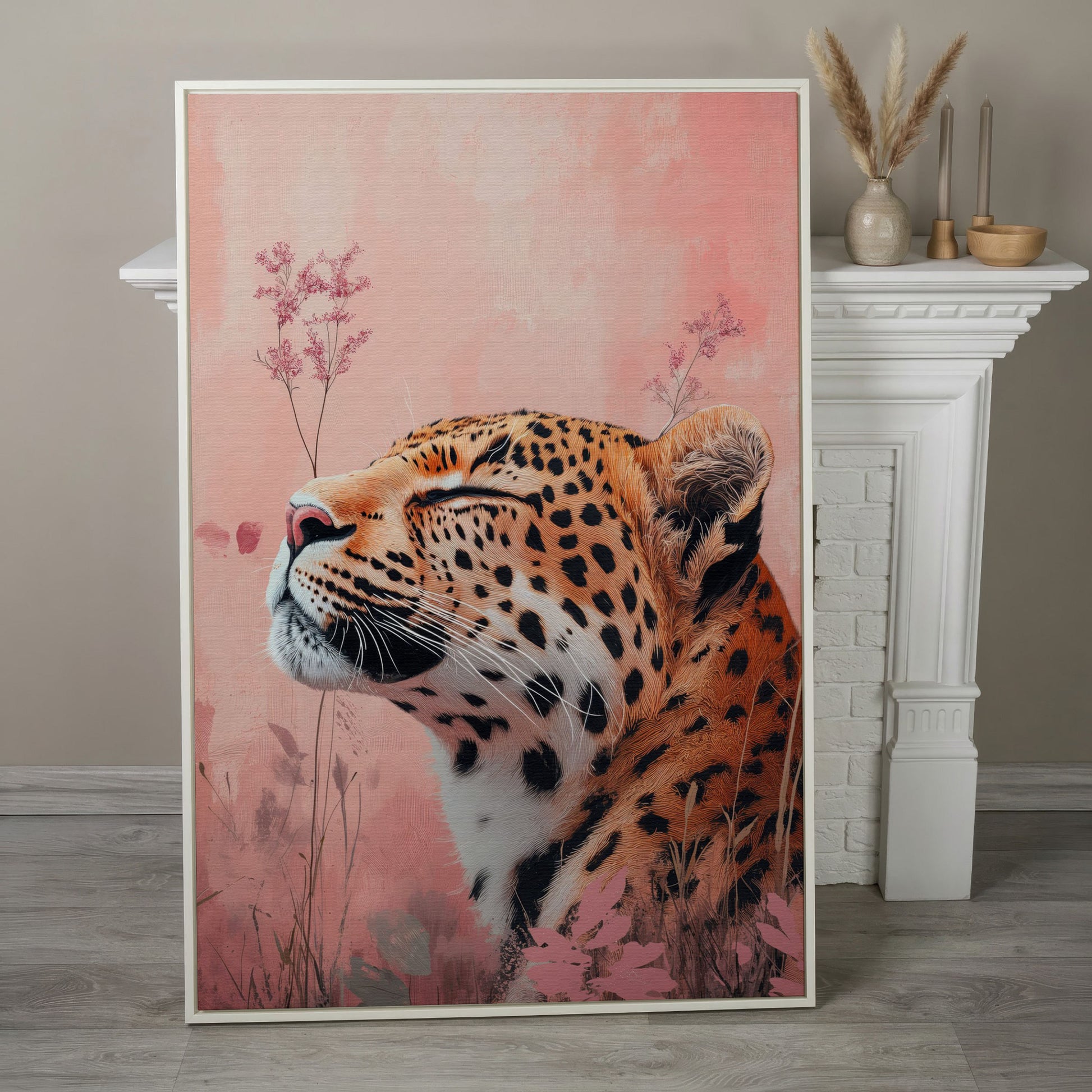 Leopard in Pink Field Canvas Print in white floating frame