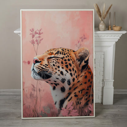 Leopard in Pink Field Canvas Print in white floating frame