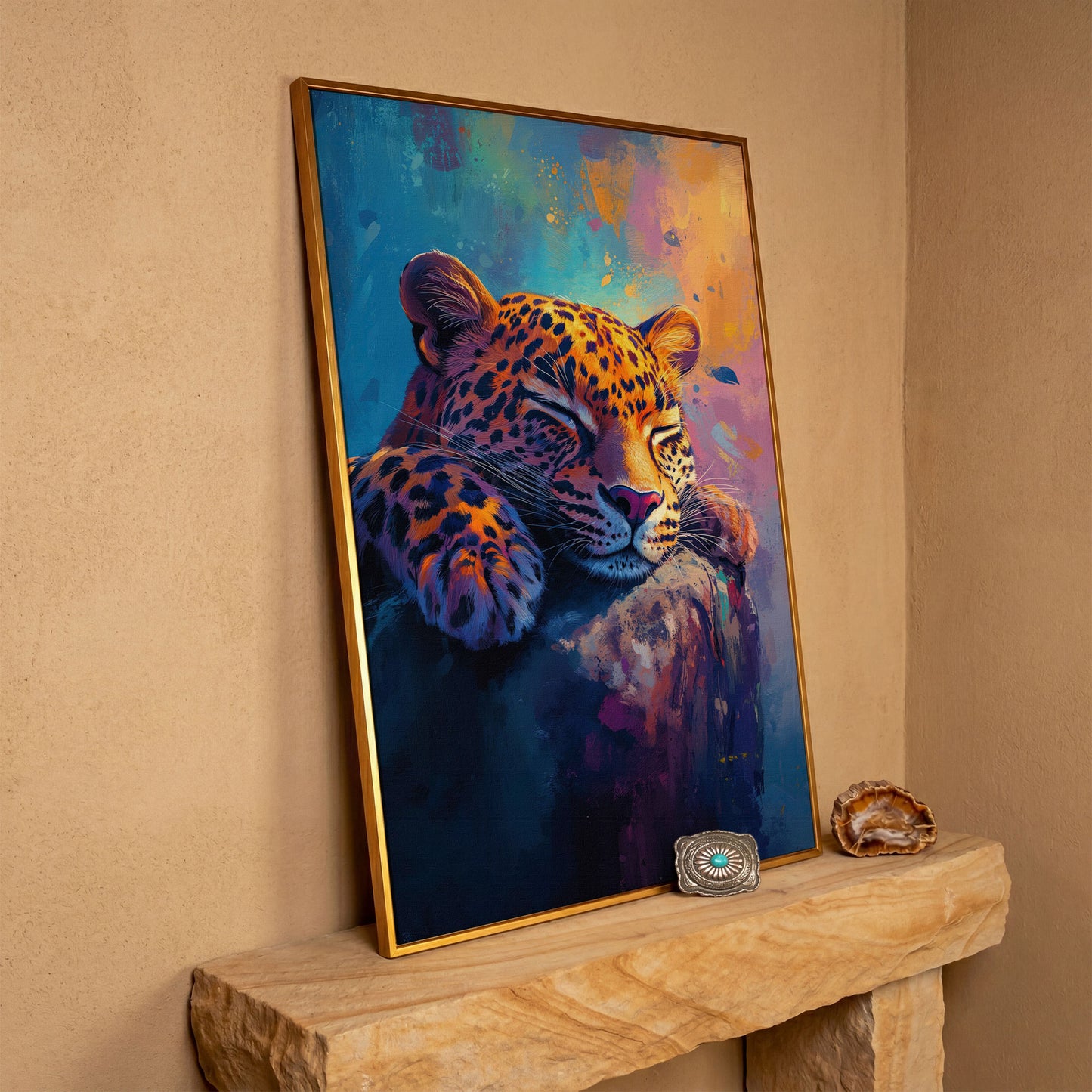 Vivid Leopard Portrait Canvas in antique gold floating frame