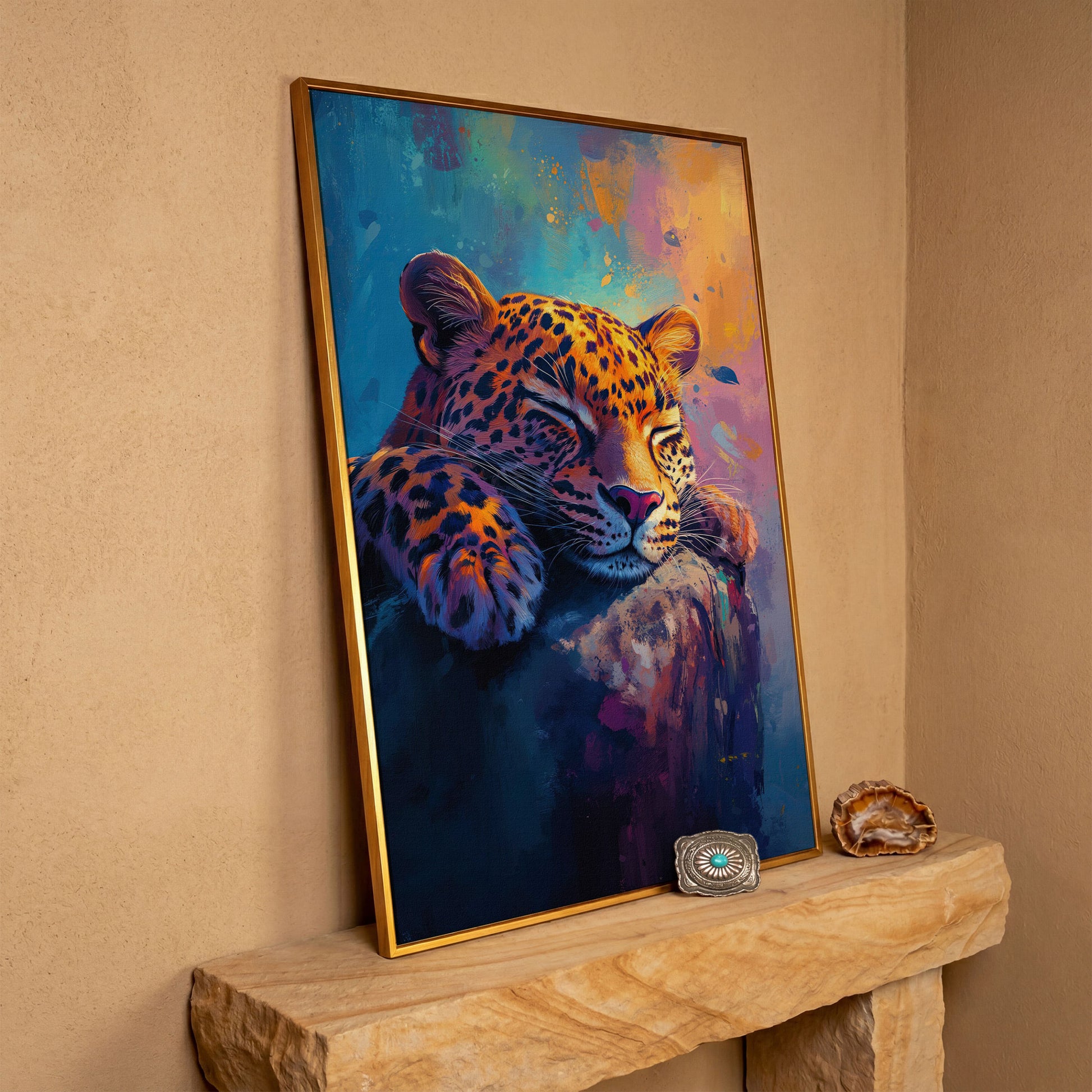 Vivid Leopard Portrait Canvas in antique gold floating frame