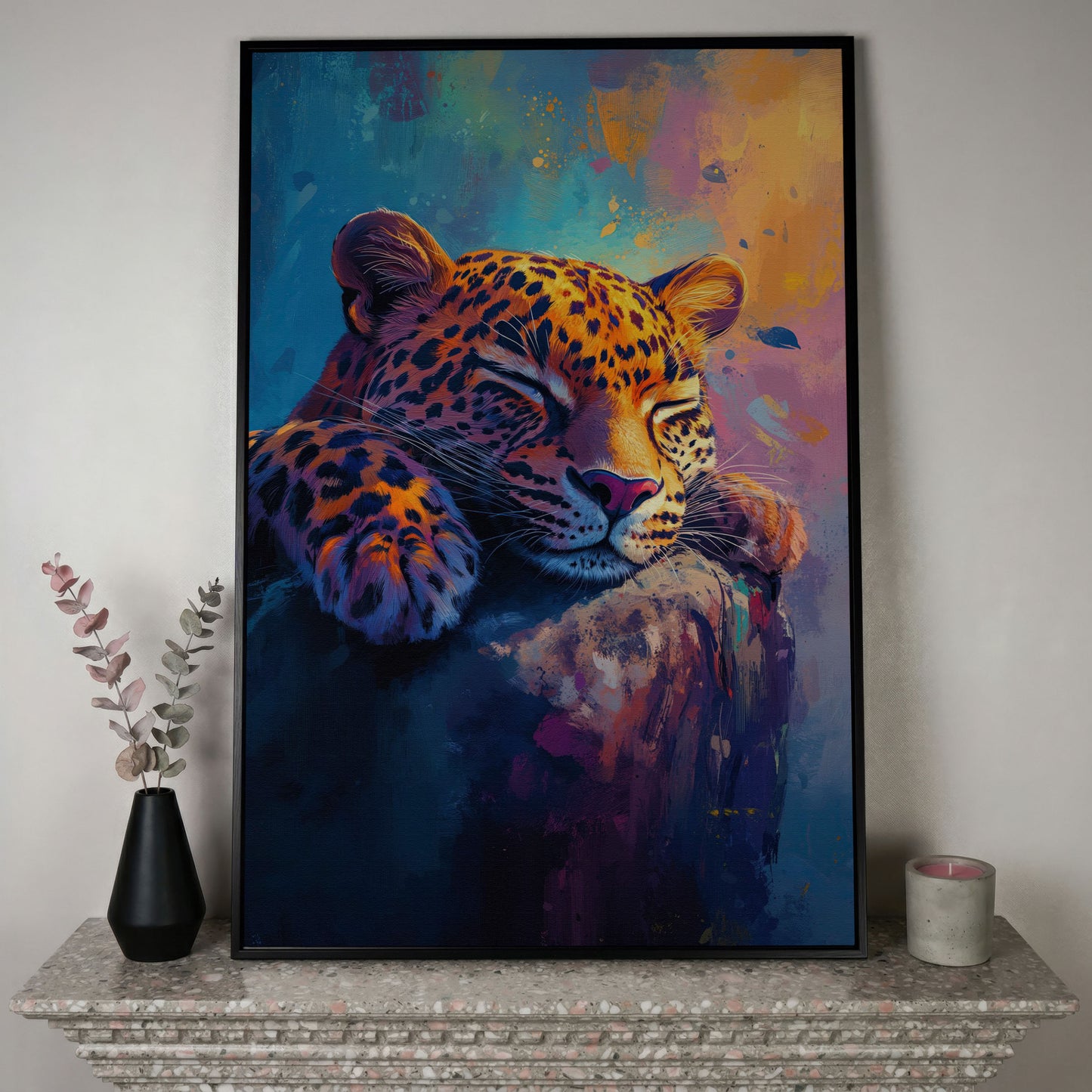 Vivid Leopard Portrait Canvas in black floating frame
