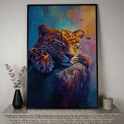 Vivid Leopard Portrait Canvas in black floating frame