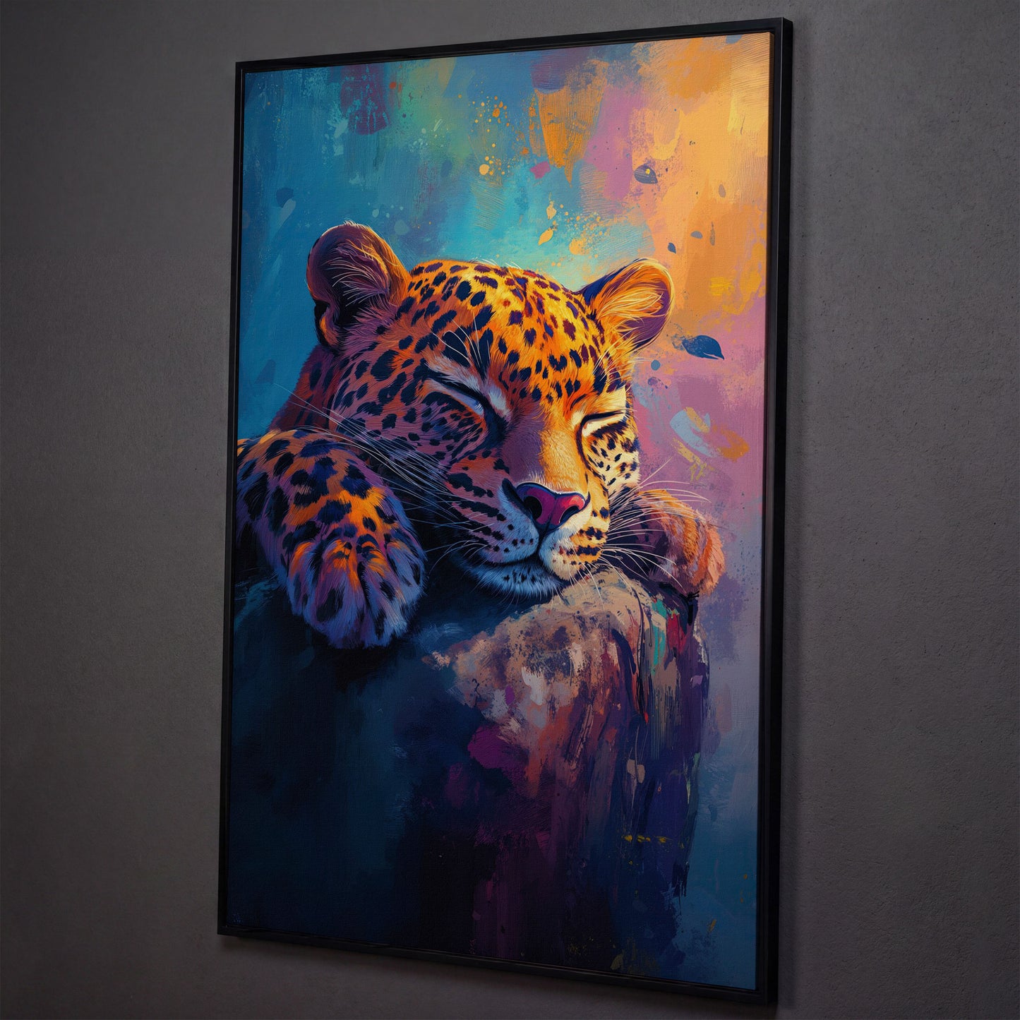 Vivid Leopard Portrait Canvas shown in black floating frame