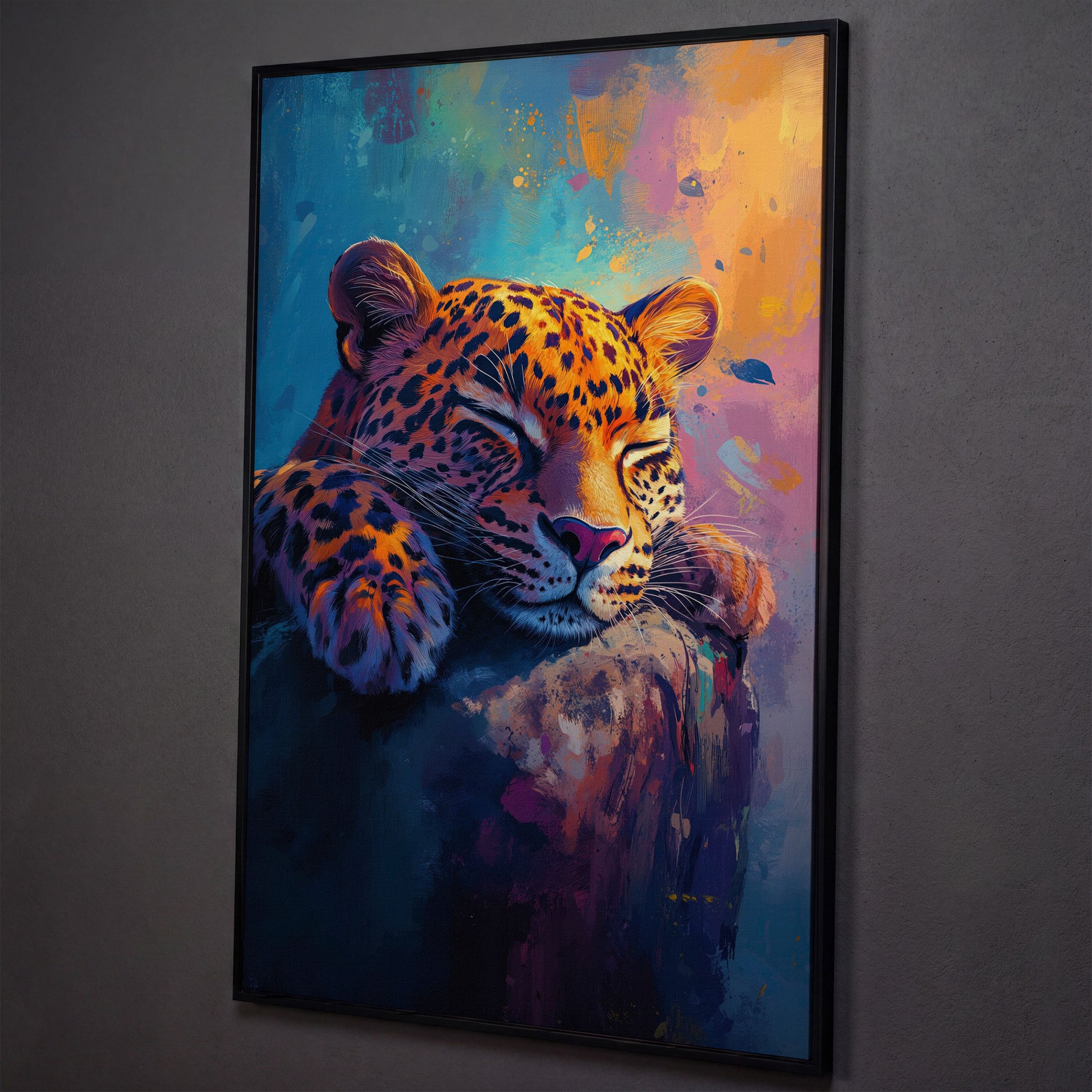 Vivid Leopard Portrait Canvas shown in black floating frame