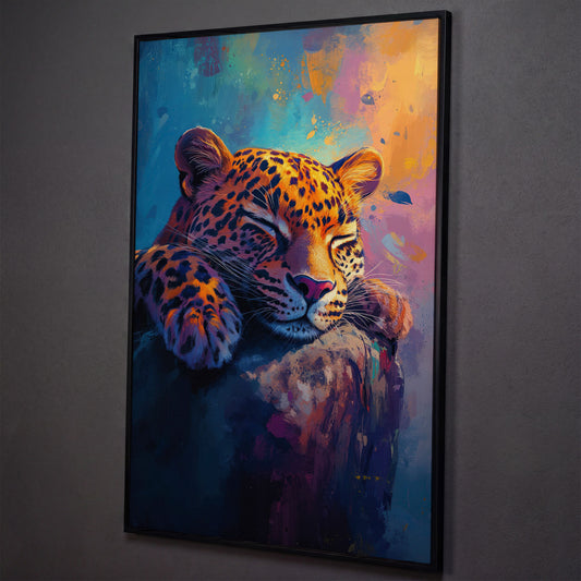 Vivid Leopard Portrait Canvas shown in black floating frame