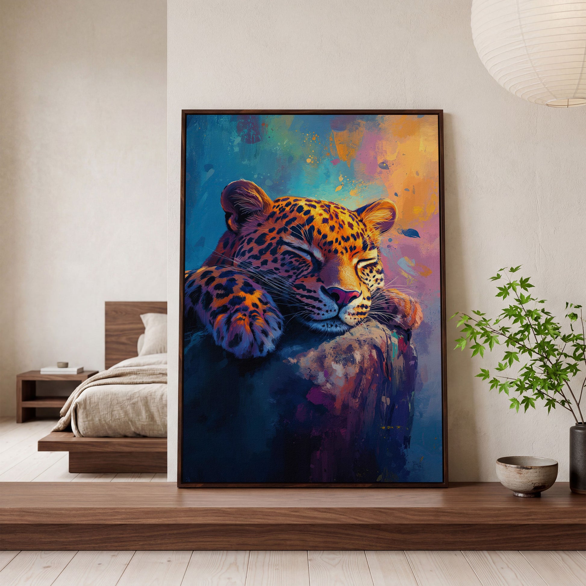 Vivid Leopard Portrait Canvas in dark walnut floating frame