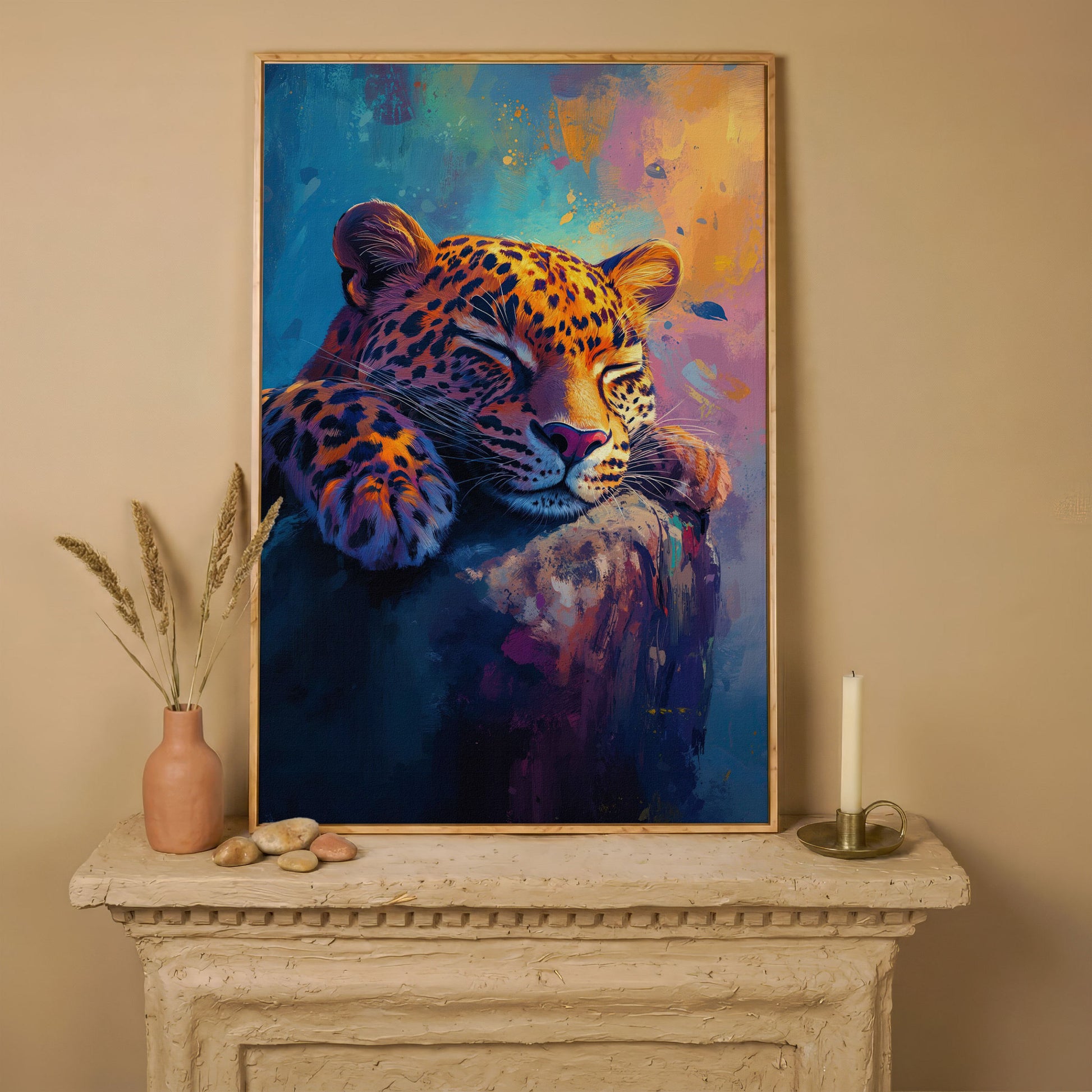 Vivid Leopard Portrait Canvas in white oak floating frame