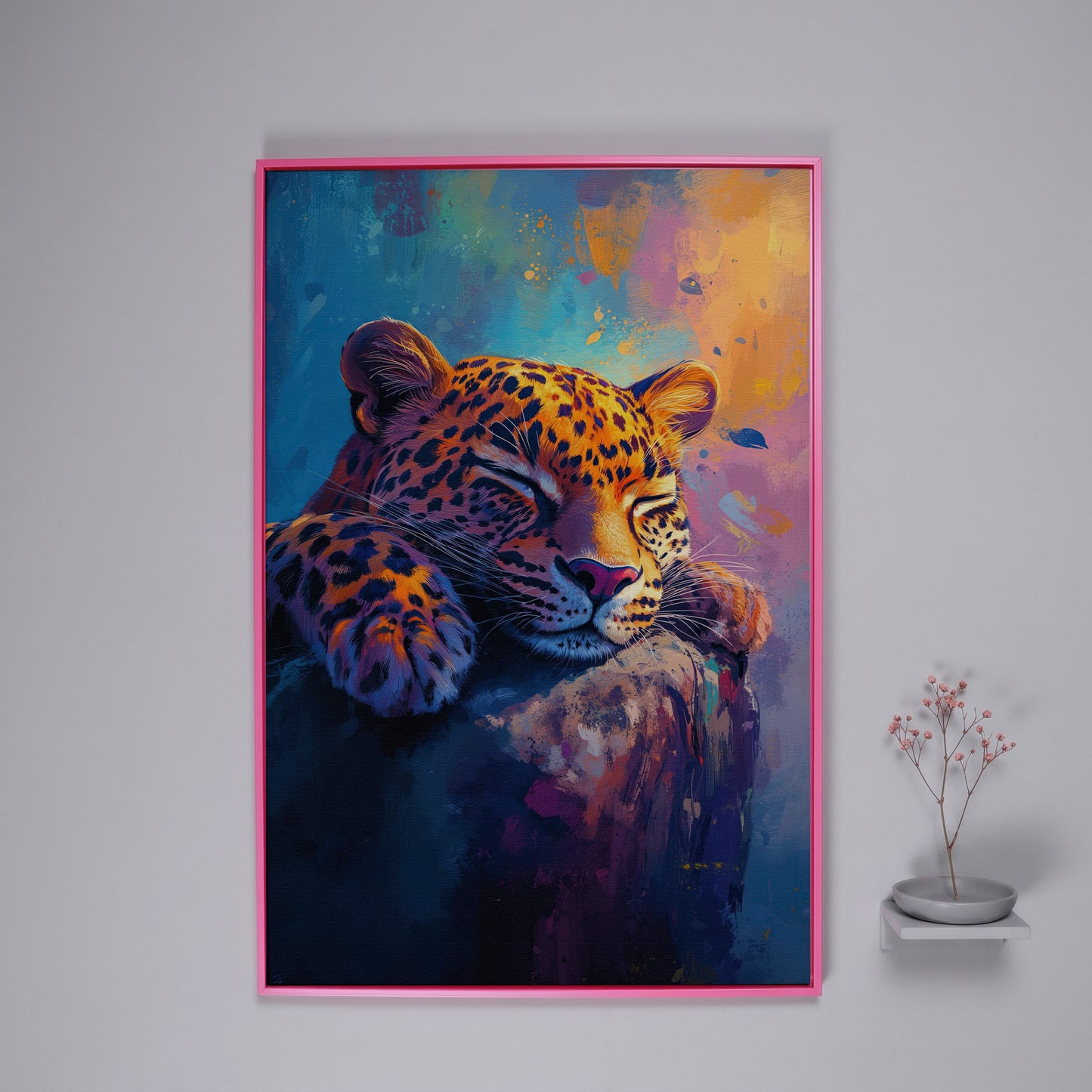 Vivid Leopard Portrait Canvas in pink floating frame