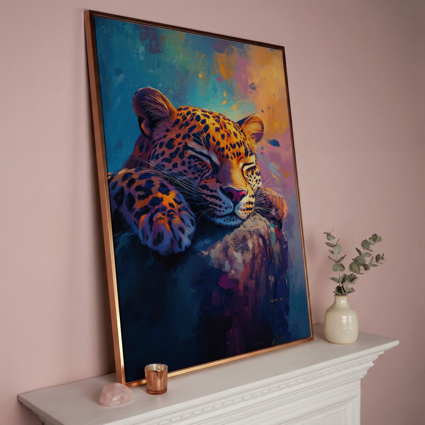 Vivid Leopard Portrait Canvas in rose gold floating frame