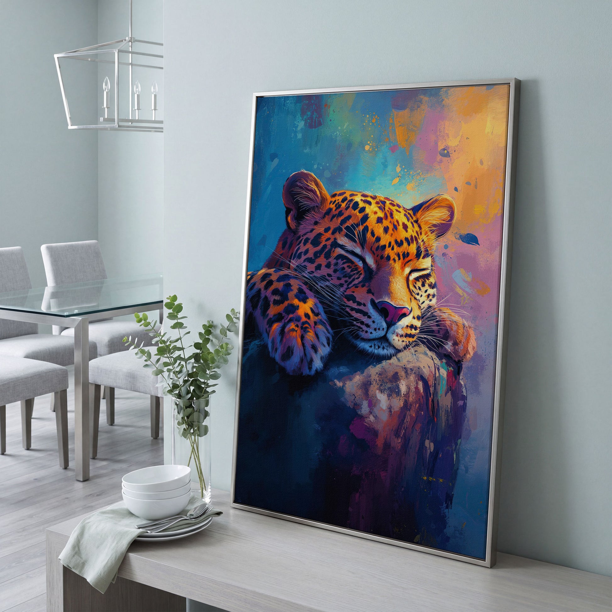 Vivid Leopard Portrait Canvas in silver floating frame