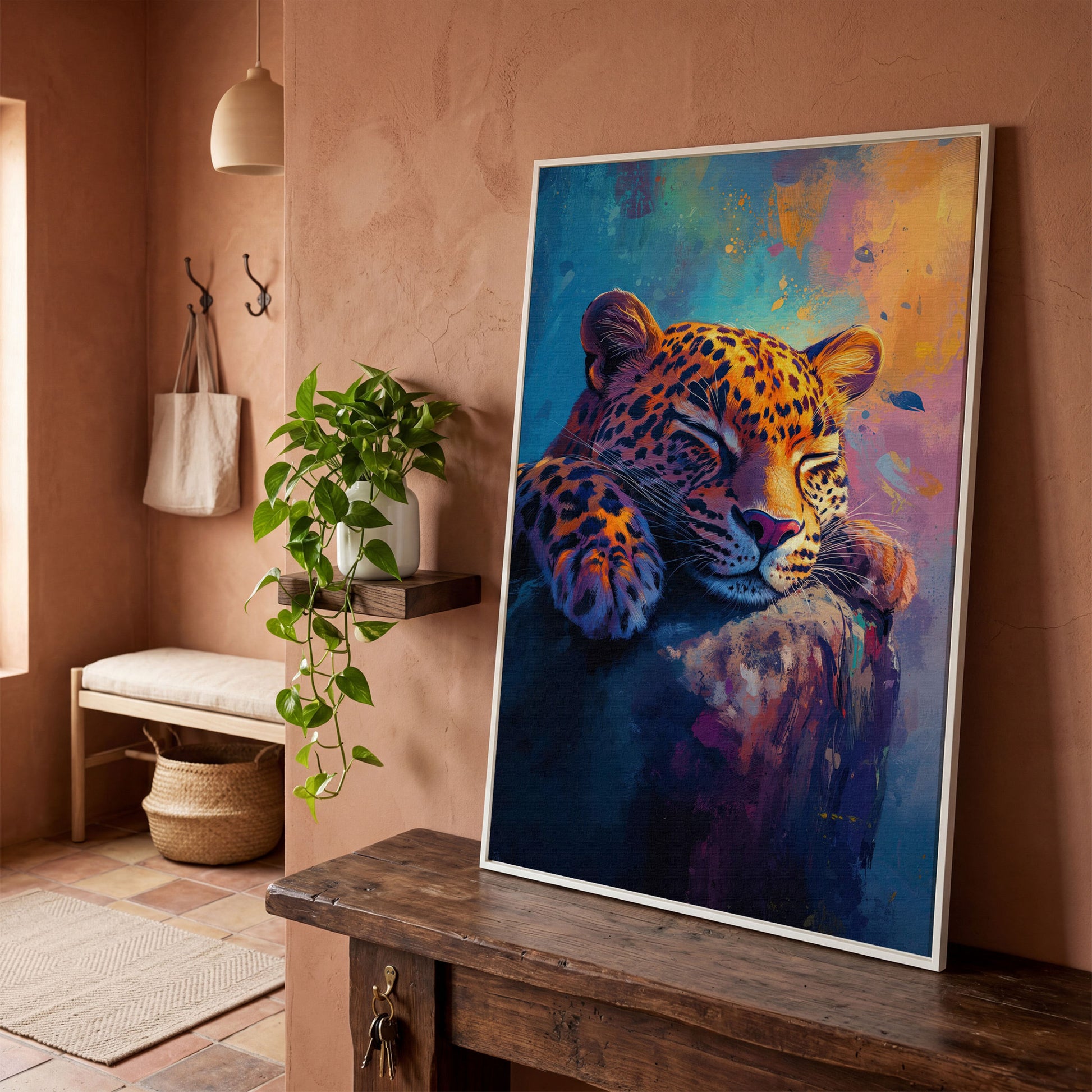 Vivid Leopard Portrait Canvas in white floating frame