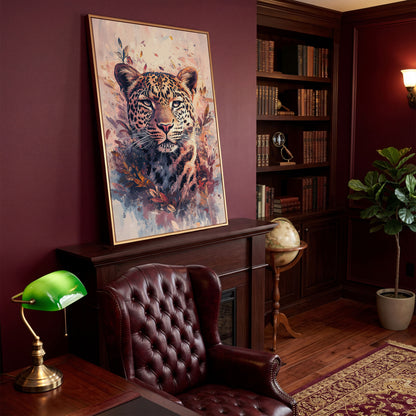 Leopard Portrait with Botanical Frame Canvas in antique gold floating frame