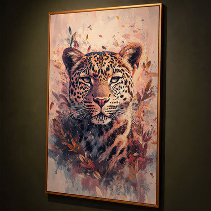 Leopard Portrait with Botanical Frame Canvas shown in antique gold floating frame