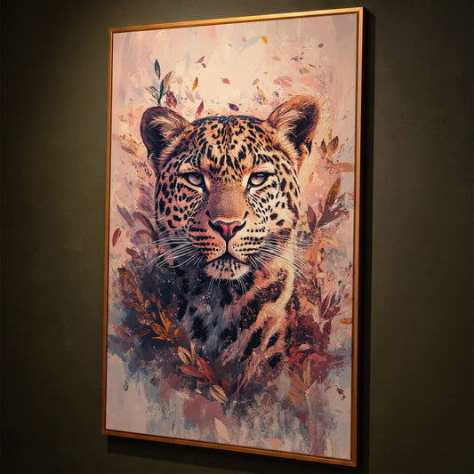 Leopard Portrait with Botanical Frame Canvas shown in antique gold floating frame