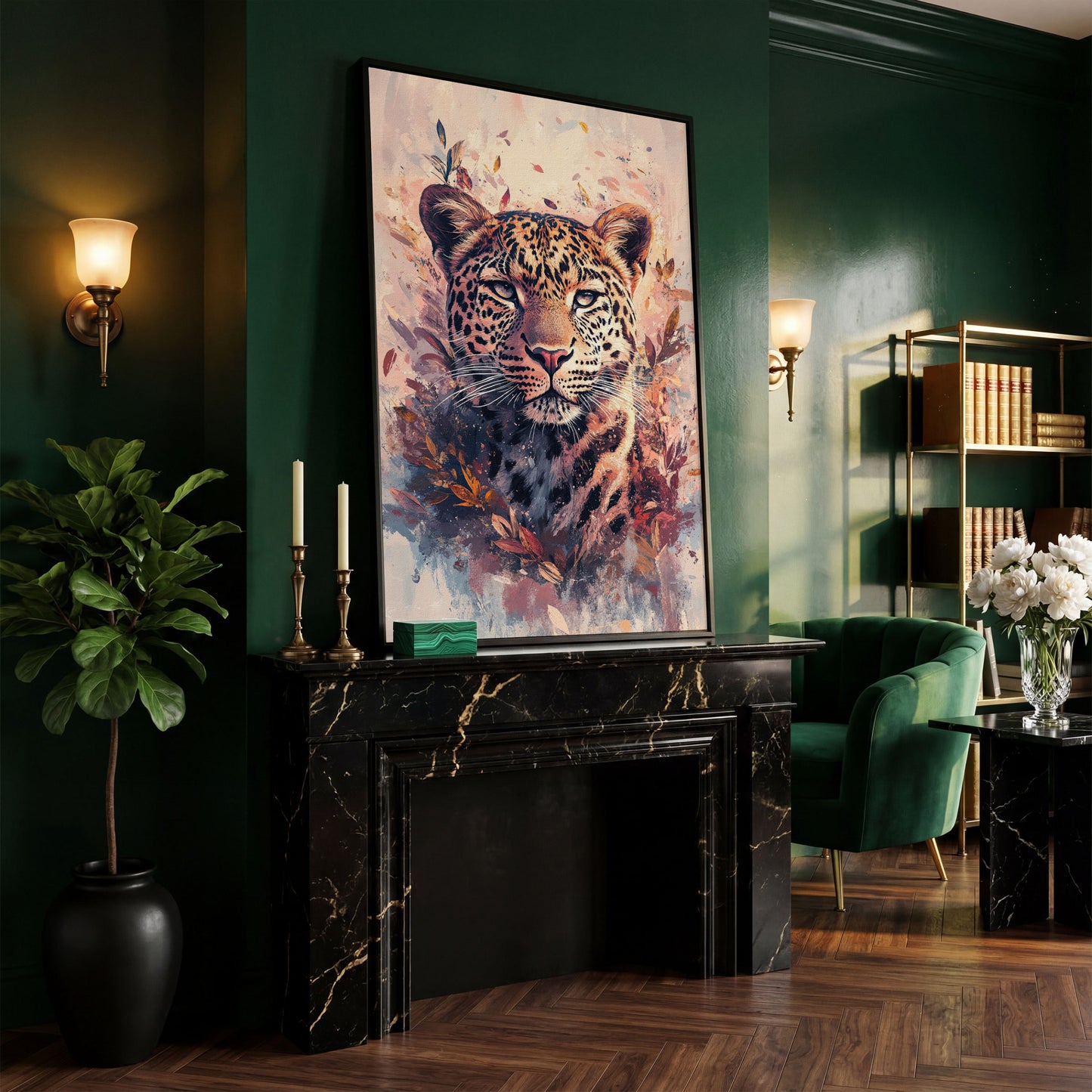 Leopard Portrait with Botanical Frame Canvas in black floating frame