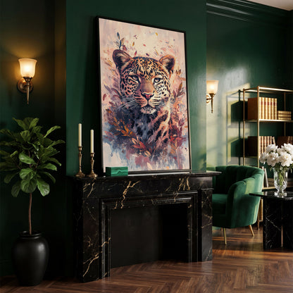 Leopard Portrait with Botanical Frame Canvas in black floating frame