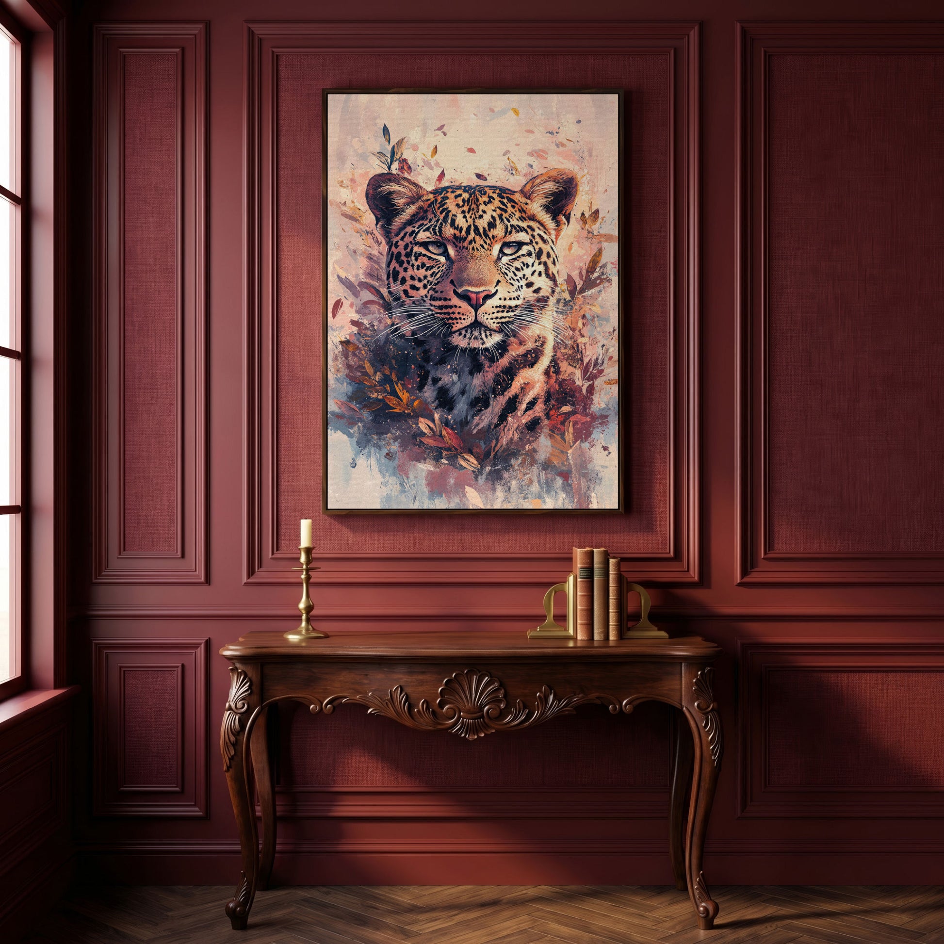 Leopard Portrait with Botanical Frame Canvas in dark walnut floating frame