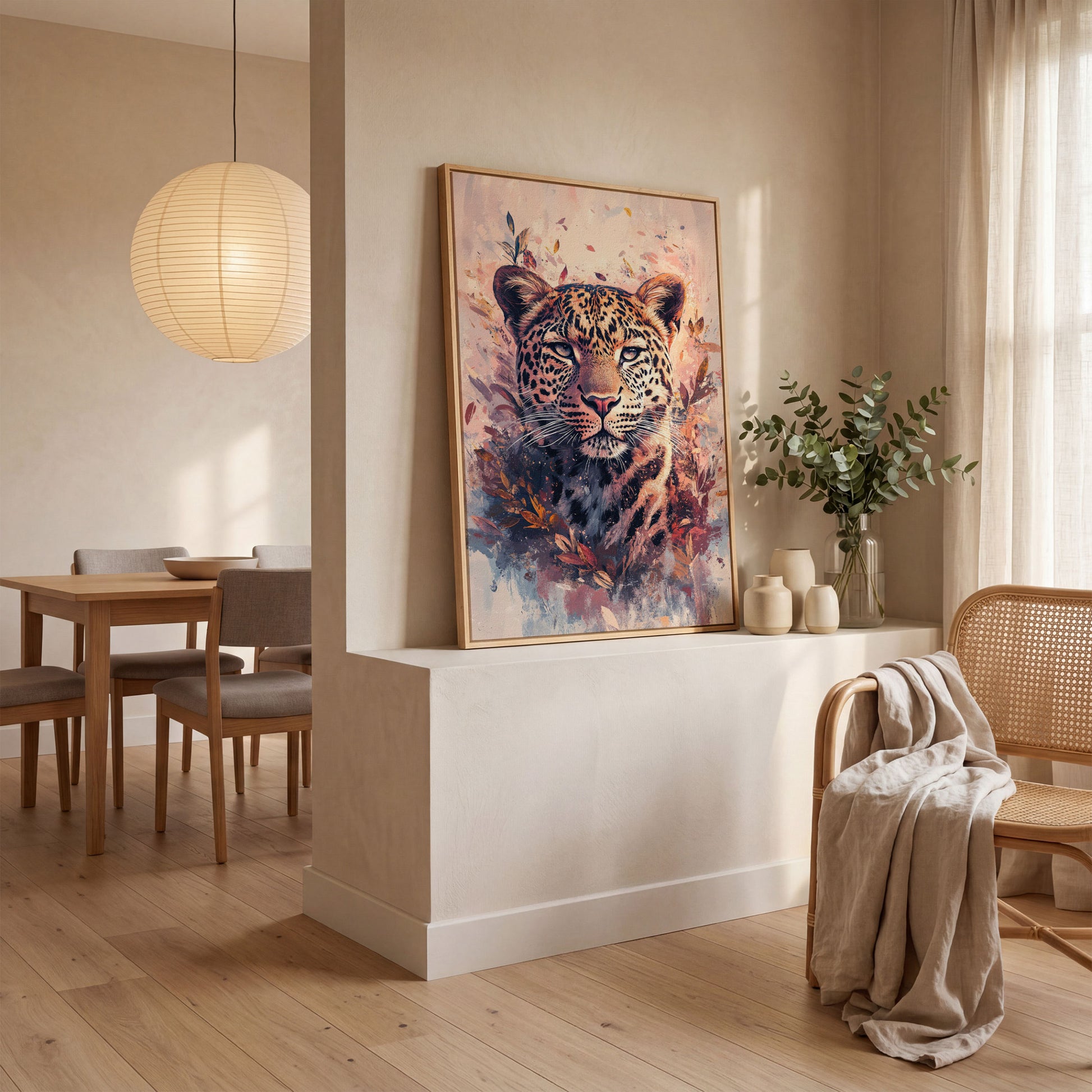 Leopard Portrait with Botanical Frame Canvas in white oak floating frame