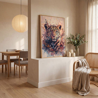 Leopard Portrait with Botanical Frame Canvas in white oak floating frame