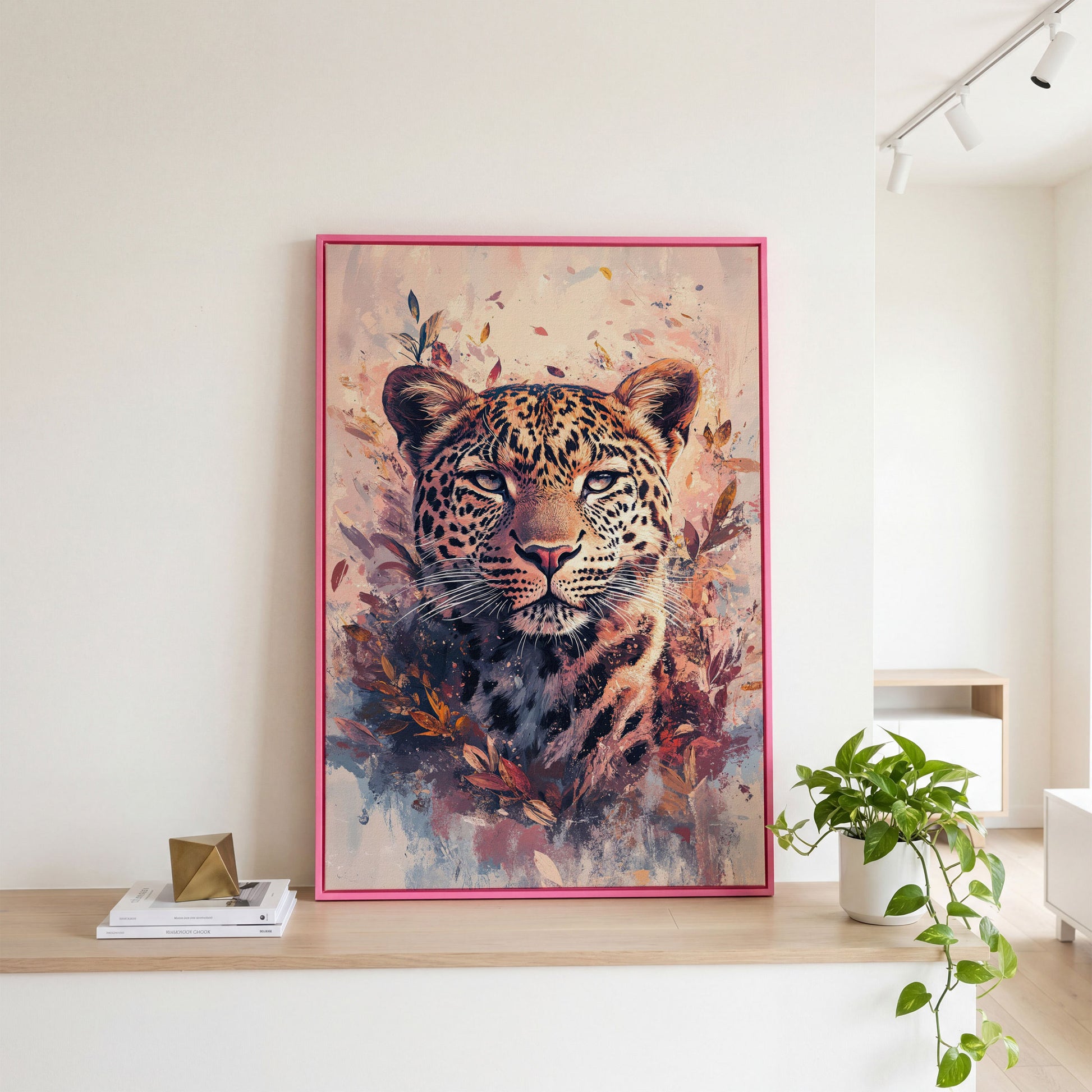 Leopard Portrait with Botanical Frame Canvas in pink floating frame