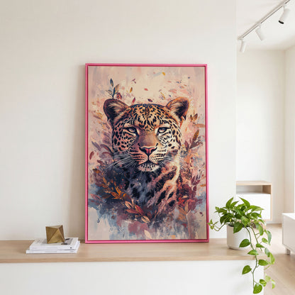 Leopard Portrait with Botanical Frame Canvas in pink floating frame
