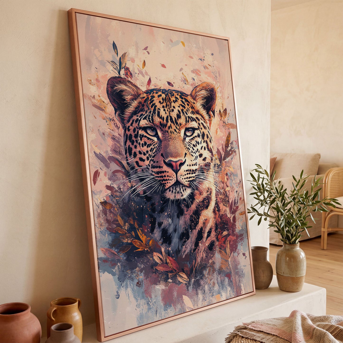 Leopard Portrait with Botanical Frame Canvas in rose gold floating frame