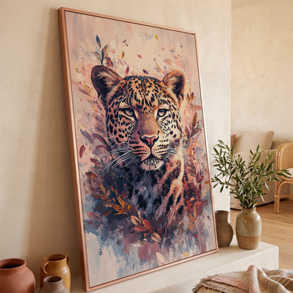 Leopard Portrait with Botanical Frame Canvas in rose gold floating frame