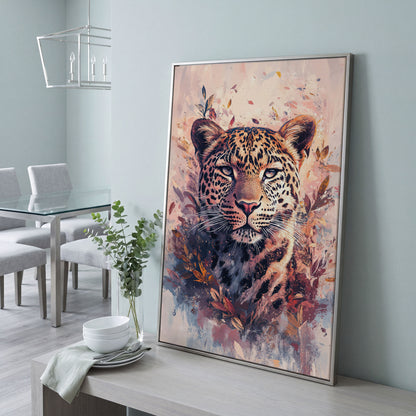 Leopard Portrait with Botanical Frame Canvas in silver floating frame
