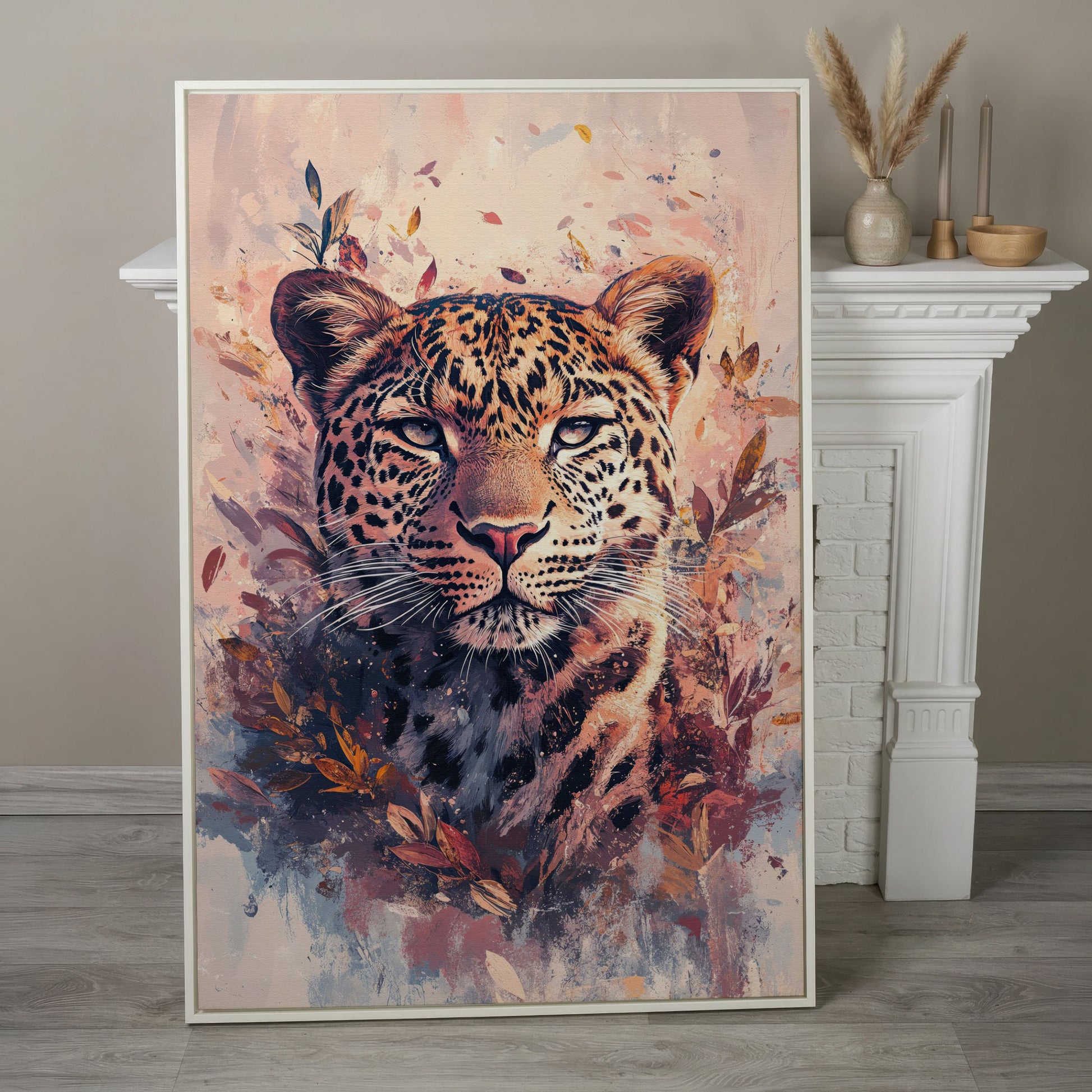 Leopard Portrait with Botanical Frame Canvas in white floating frame