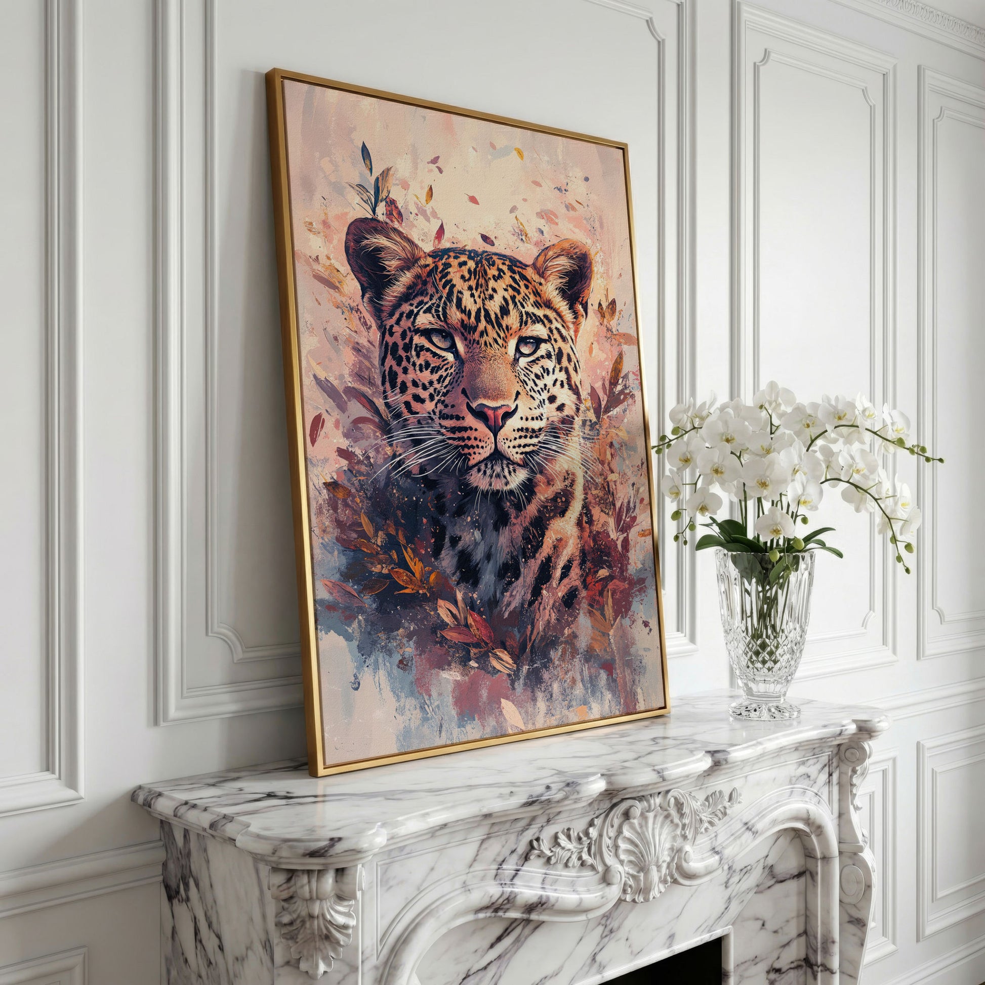 Leopard Portrait with Botanical Frame Canvas in yellow gold floating frame