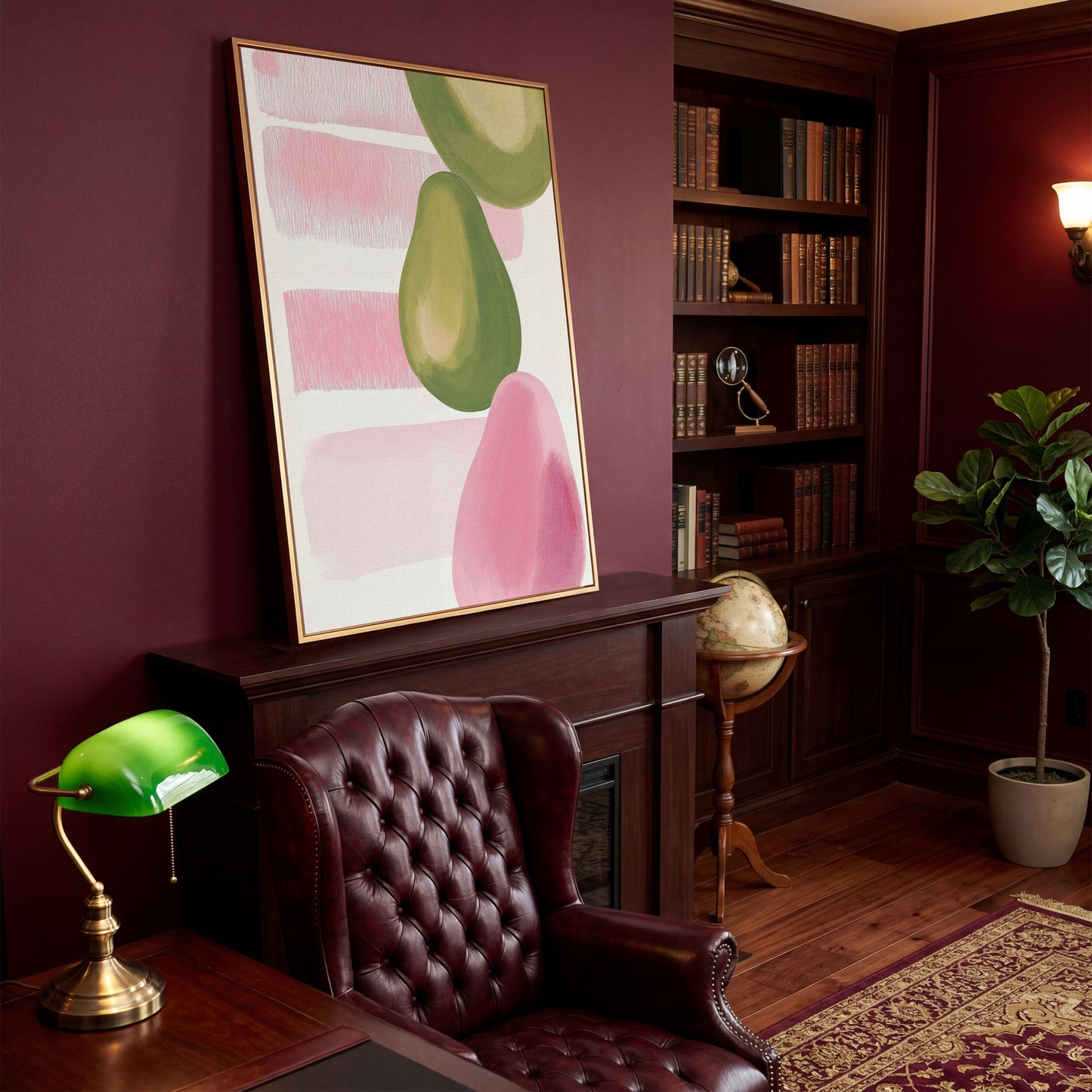 Pink and Green Pears Canvas Print in antique gold floating frame