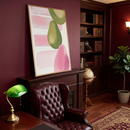 Pink and Green Pears Canvas Print in antique gold floating frame