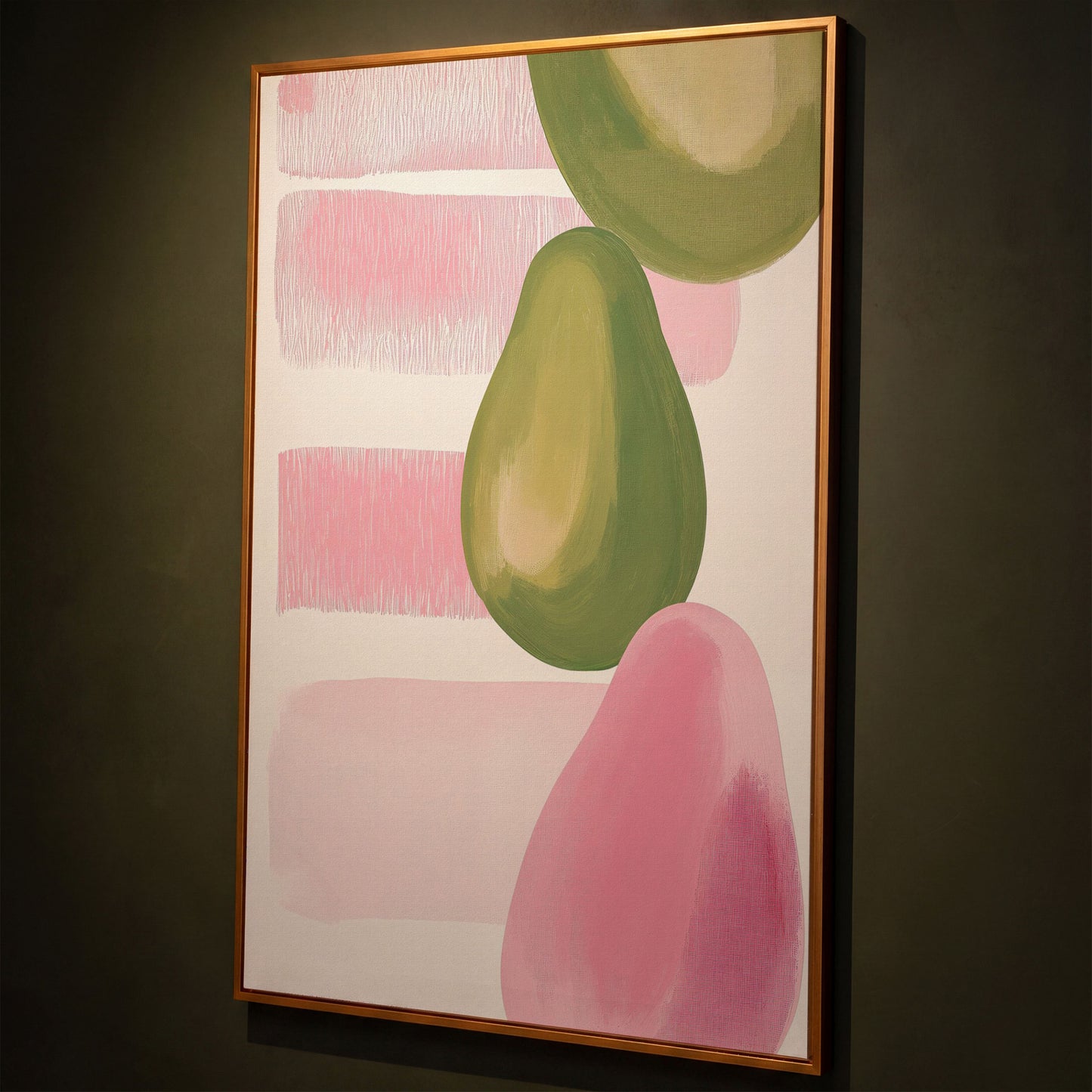 Pink and Green Pears Canvas Print shown in antique gold floating frame