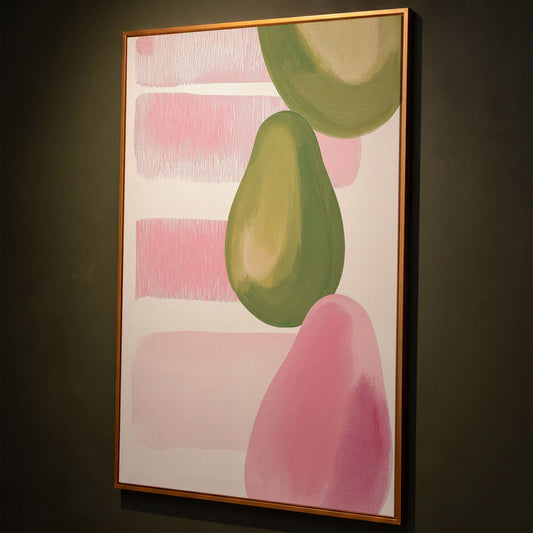 Pink and Green Pears Canvas Print shown in antique gold floating frame