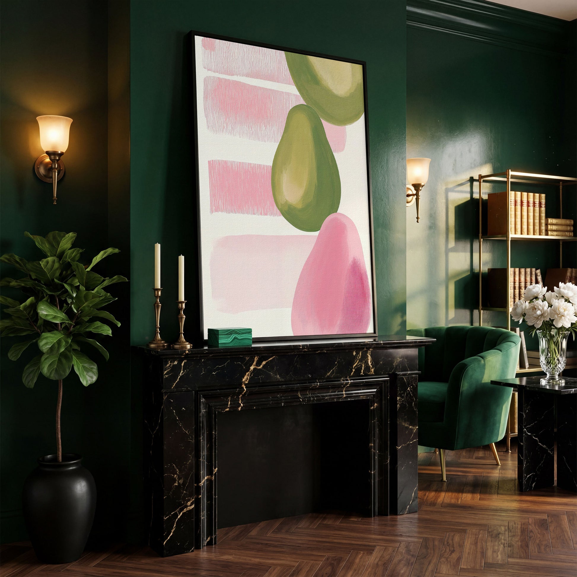 Pink and Green Pears Canvas Print in black floating frame