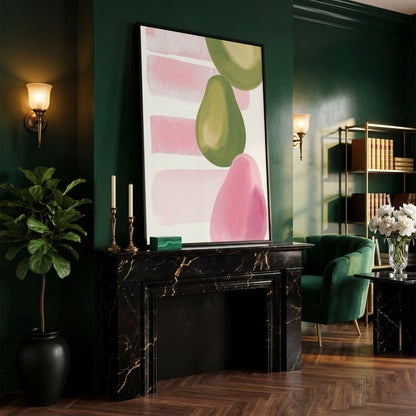 Pink and Green Pears Canvas Print in black floating frame