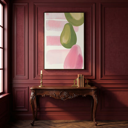 Pink and Green Pears Canvas Print in dark walnut floating frame
