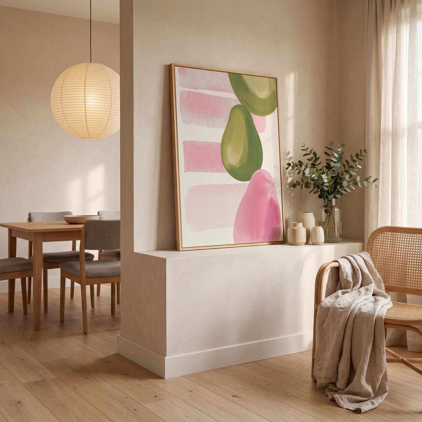 Pink and Green Pears Canvas Print in white oak floating frame