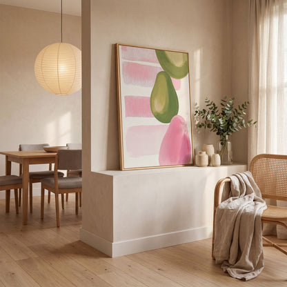 Pink and Green Pears Canvas Print in white oak floating frame