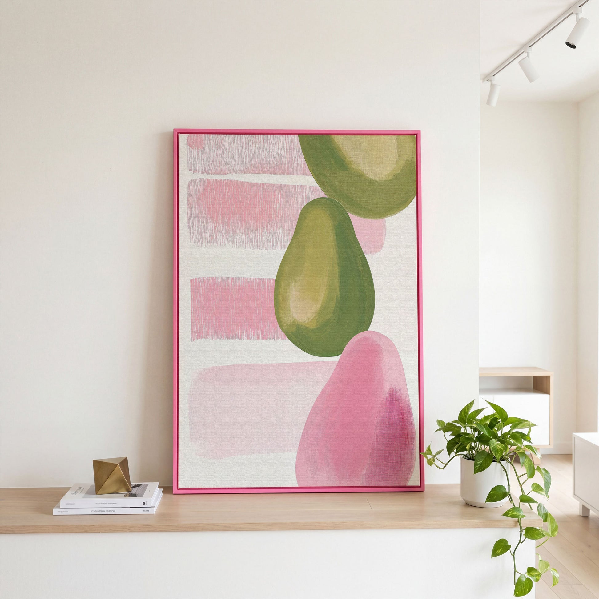 Pink and Green Pears Canvas Print in pink floating frame