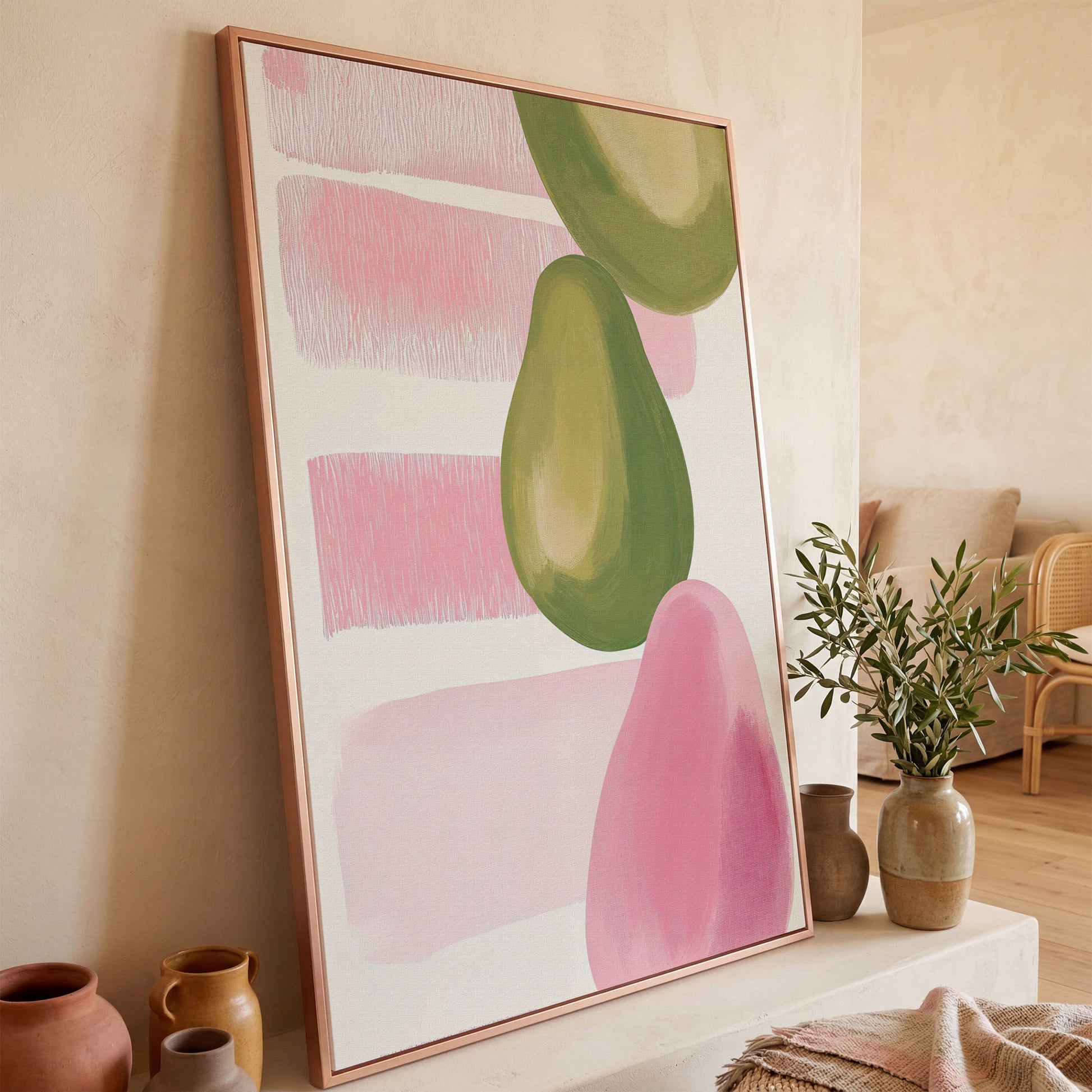 Pink and Green Pears Canvas Print in rose gold floating frame