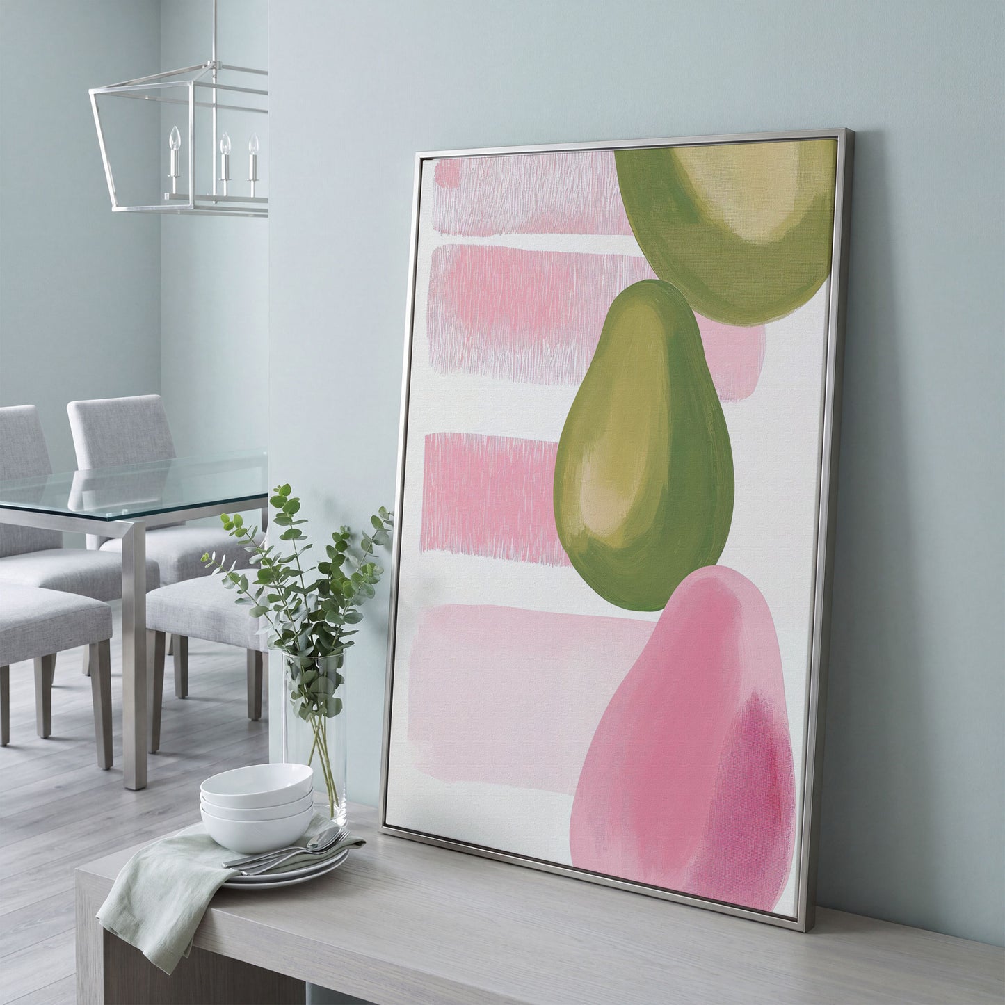 Pink and Green Pears Canvas Print in silver floating frame
