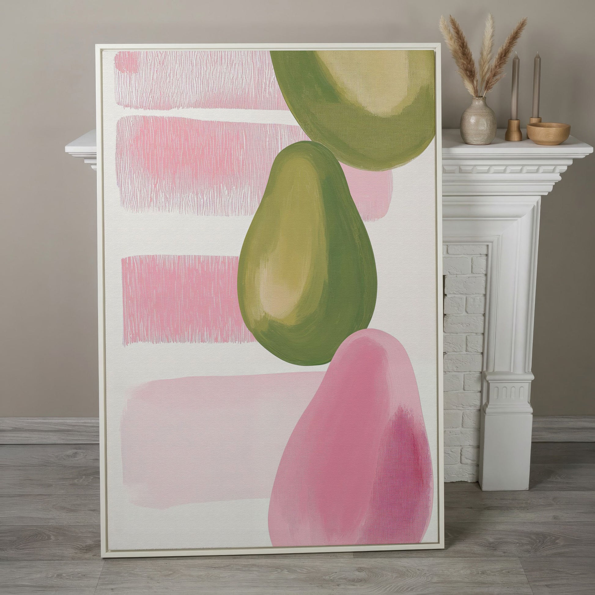 Pink and Green Pears Canvas Print in white floating frame